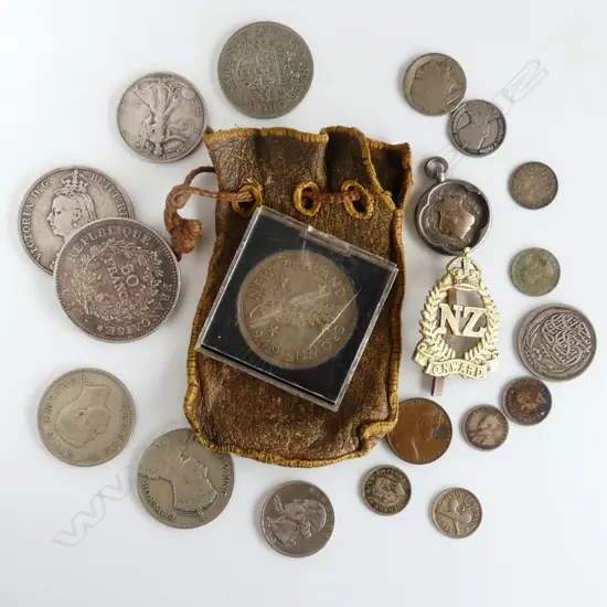 BAG ASTT OLDER COINS + MILITARY BADGE ETC