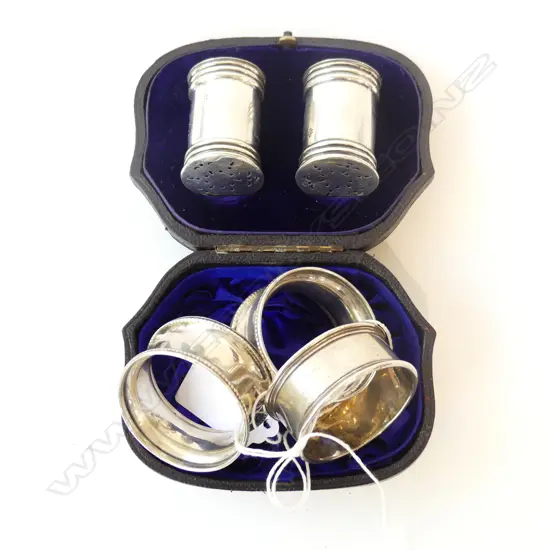 3 STG SILVER NAPKIN RINGS + PR CONDIMENTS IN ORIG. BOX 63gms