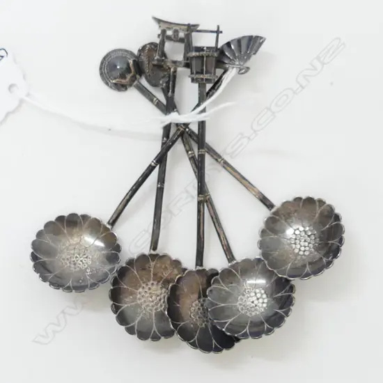 5 JAPANESE NOVELTY TEASPOONS various finials chrysanthemum bowls