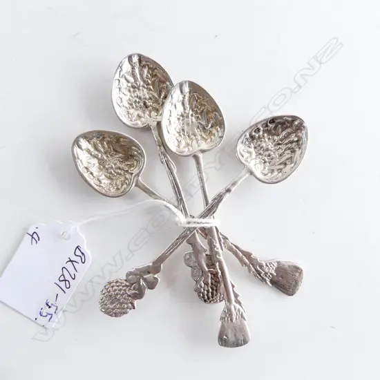 set 4 VICT SILVER CAST SILVER FANCY COFFEE SPOONS L.1891 by William Comyns & Sons various florals