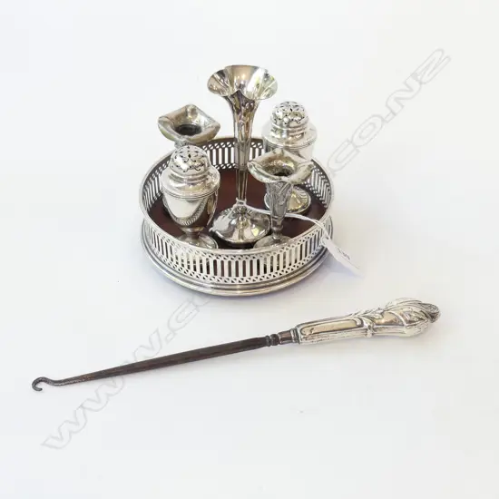 STG SILVER WINE COASTER 130mm dia, STEM VASE, BOOT HOOK, PR CONDIMENTS, PR THAI VASES H.70mm