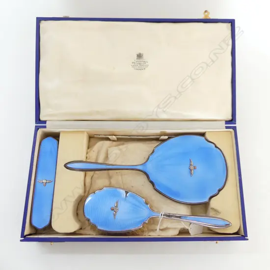 BOXED DRESSING TABLE SET, ST. SILVER & ROYAL BLUE GUILLOCHE ENAMEL w RAF INSIGNIA, BIRM. 1939, (wear to brush)