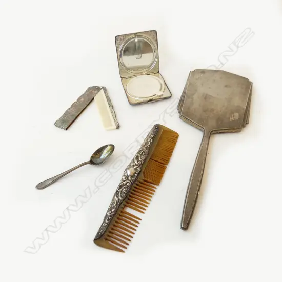 STG SILVER HAND MIRROR, STG TEASPOON, STG COMB, EP COMPACT & CASED COMB