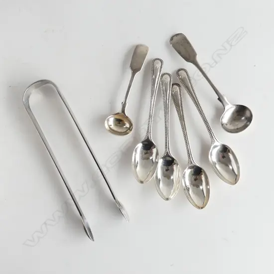 ASST SILVER CUTLERY: 5 bead edge coffee spoons + 2 salt spoons + sugar tongs 100gms
