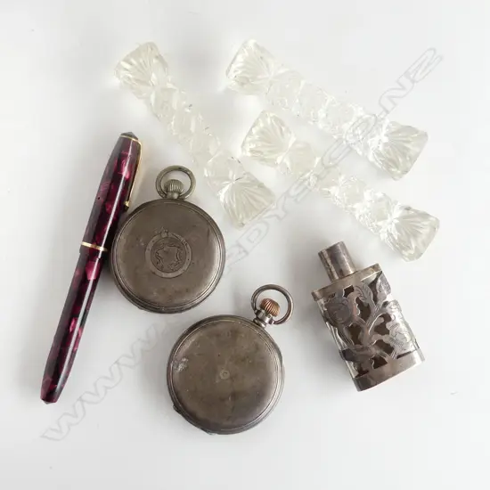 ASST ITEMS: 3 CRYSTAL RESTS 2 WATCHES faulted PEN + SILVER & GLASS PERFUME BOTTLE