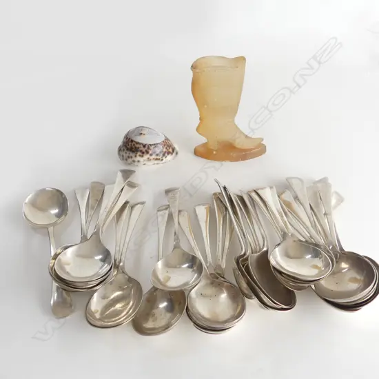 32 ASST EP SOUP SPOONS, VICTORIAN ALABASTER SHOE H. 130mm, CARVED COWRIE SHELL W.80mm