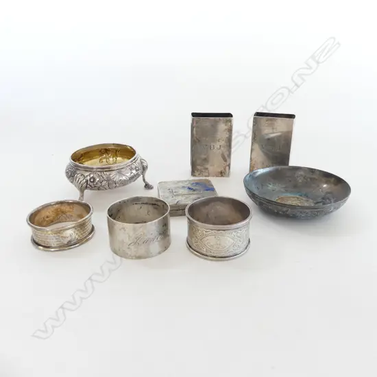 8 PCES ASST. SILVER: 3 NAPKIN RINGS, SALT, PR CASES 175gm + COMPACT & COIN BOWL (NOT WEIGHED)