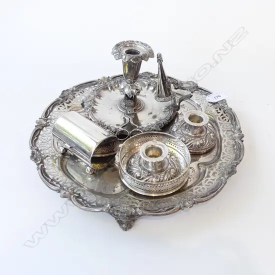 6 PCES EP, SALVER 330mm dia, PR CANDLE HOLDERS, CONTAINER, COASTER, CHAMBERSTICK 