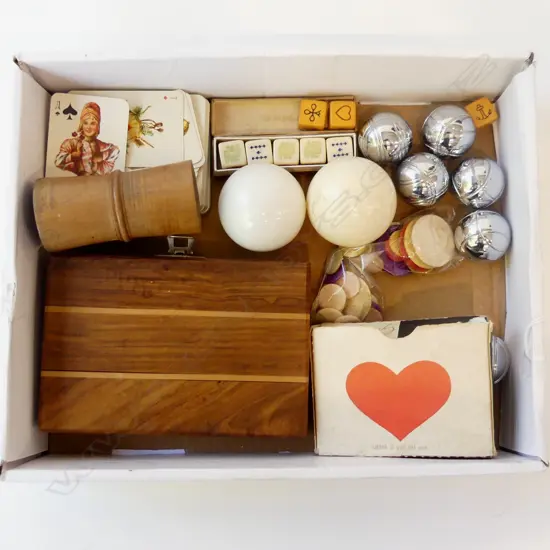BOX OF VINTAGE GAMES ITEMS – BALLS, DICE, SHAKER, CARDS, COUNTERS, BACKGAMMON