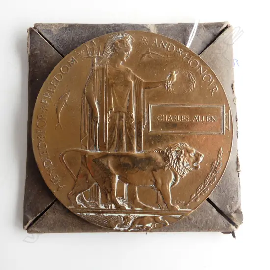 WWI BRONZE MEMORIAL PENNY/PLAQUE TO CHARLES ALLEN Dia.122mm in original envelope card holder