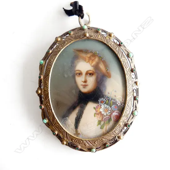 HANDPAINTED MINATURE, WOMAN w FLORAL BOUQUET IN BEJEWELLED FRAME, c1900