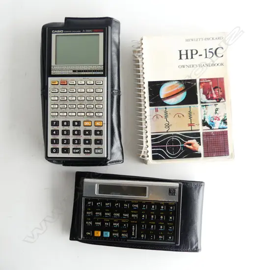 2 LEATHER CASED SCIENTIFIC CALCULATORS w ADVANCED MATHEMATICAL CAPABILITIES, HP15C w HANDBOOK & CASIO