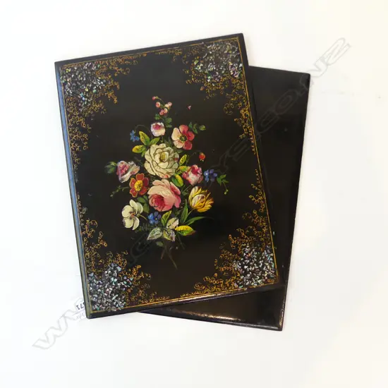 VICTORIAN INLAID LACQUER BOOK COVER AND REVERSE COVER L.30CM