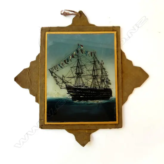 VICTORIAN PERIOD “NELSON’S OLD FLAG SHIP THE VICTORY” GLASS PAINTING WALL HANGING L.33CM