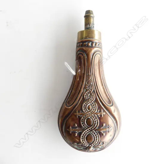 ANTIQUE COPPER POWDER FLASK H.195mm