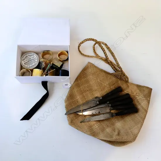 8 HORN NAPKIN RINGS, 'CHERRY PASTE' BOX, 5 STG ENAMEL COFFEE SPOONS, 6 KNIVES, WC 170x105mm, KETE