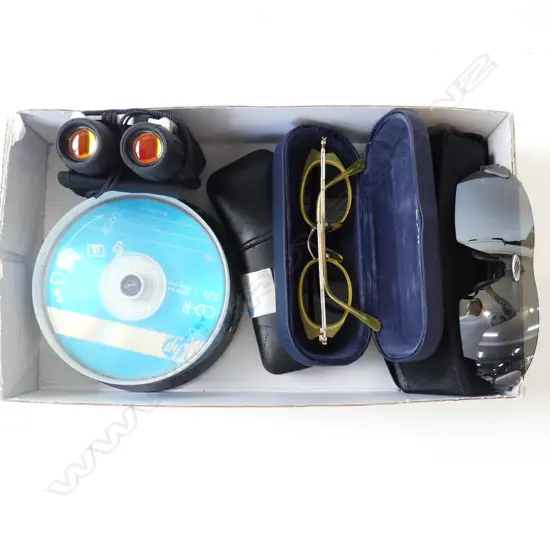 KATHMANDU MINI BINOCULARS, UNOPENED 52 hp CD-R DISCS & 2 PAIRS SUNGLASSES & AN EMPTY CASE