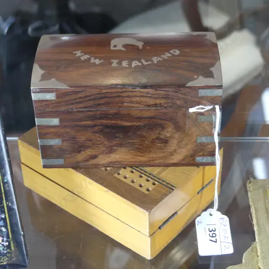 2 WOODEN BOXES; SOLITAIRE & PLAYING CARDS L.130mm