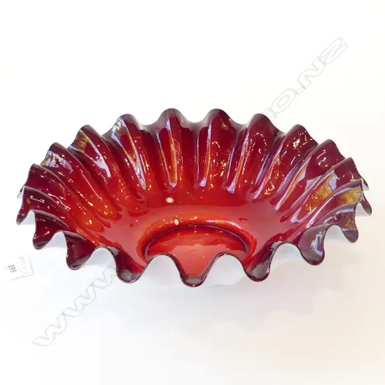 RED ART GLASS FLUTED BOWL 285mm dia