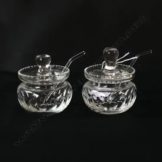 2 VINTAGE CRYSTAL SALT CELLARS w SPOONS 