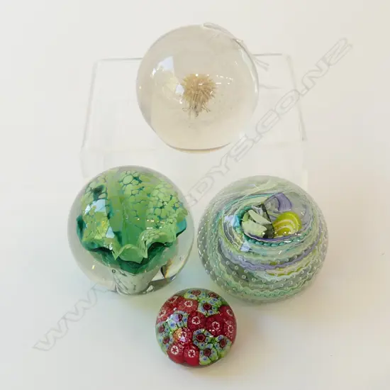 4 VINTAGE GLASS PAPERWEIGHTS, 3 LRG, 1 SMALL MILLEFIORI