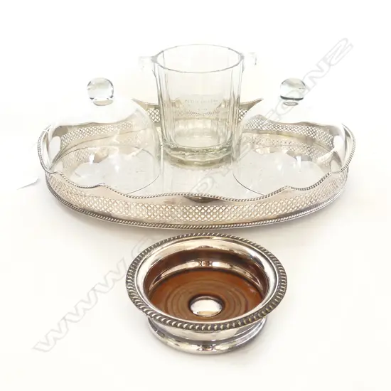 LG OVAL SILVER PLATE TRAY 415x300mm, PR GLASS DOMES 155mm dia, WINE COASTER, MOET ICE BUCKET H.135mm
