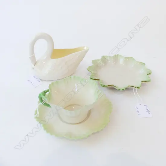 BLACK MARKED BELLECK C/S  2 DISHES & GREEN MARKED SWAN H110MM