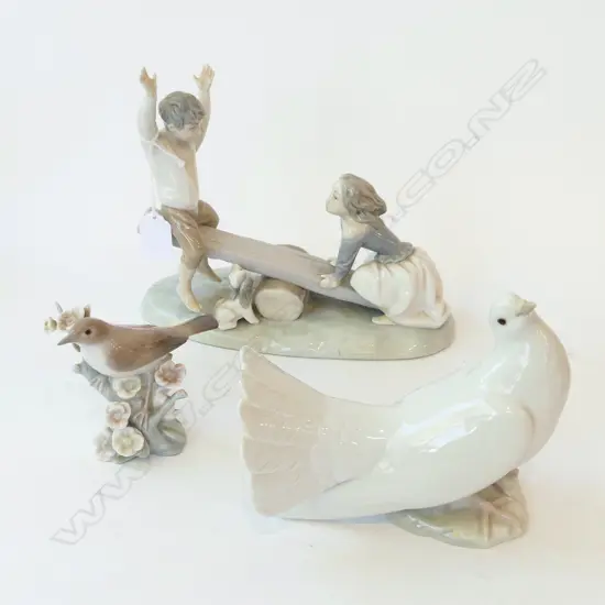 3 LLADRO: DOVE (CHIP TO TAIL), SONGBIRD, CHILDREN ON SEESAW L.240mm