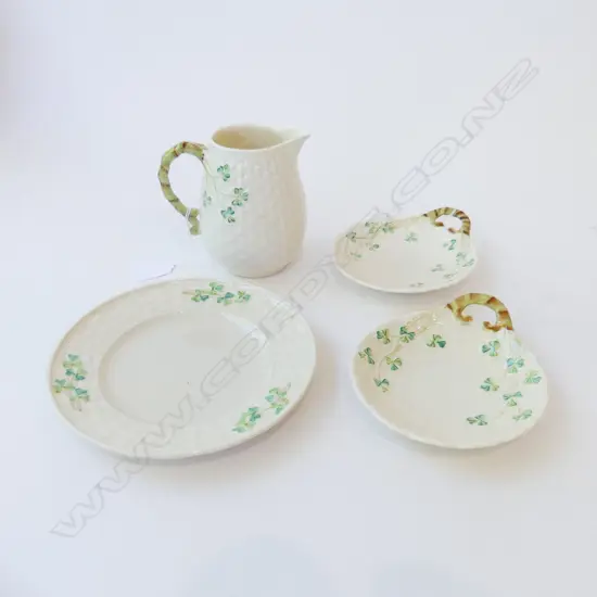BELLECK SHAMROCK PAT JUG 2 DISHES & PLATE