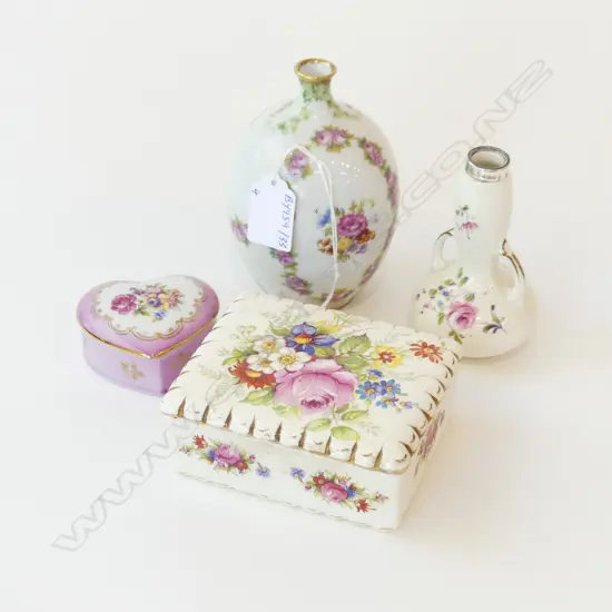 FOUR FLORAL CHINA ITEMS – STG MOUNTED VASE LONDON 1918,  WEDGWOOD BOX, GERMAN VASE & TRINKET BOX