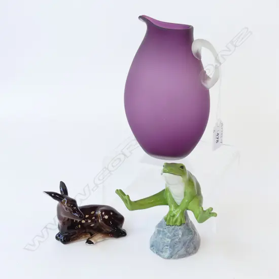 3 PCS, ART GLASS PURPLE JUG, AUSTRIAN CHINA DEER & ROYAL COPENHAGEN FROG ON ROCK