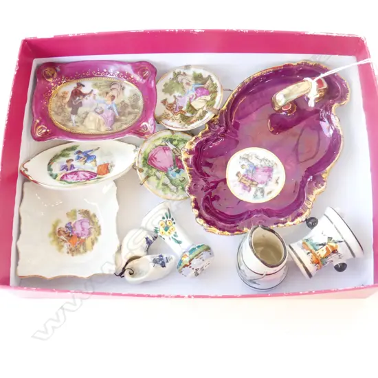 10 PIECES OF LIMOGES STYLE CHINA MINIATURES AND DUTCH MINIATURES