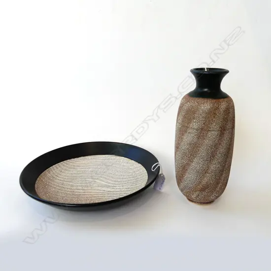 2 X PETER SHEARER pottery items 'TIDAL VASE' H.255mm & 'TIDAL BOWL' Dia.288mm crackle glaze