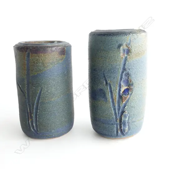 PR BLUE JAPANESE WOODFIRED POST VASES w RINGS ATTATCHED, TALLEST H.130mm