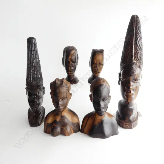 SIX AFRICAN ZEBRAWOOD BUSTS RANGING FROM 350 TO 115mm
