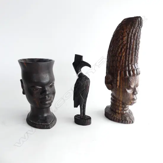 3 NIGERIAN CARVINGS; IBIS BIRD, WOMAN'S HEAD w HANDLE & MAN w HIGH TOPPED HAIR