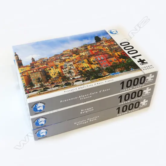 THREE 1000PC NEAR NEW JIGSAW PUZZLES – FRANCE, BELGIUM, VILLAGE PATH