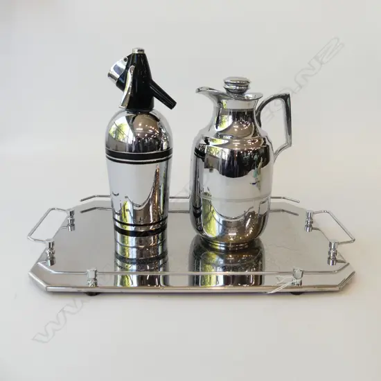 VINTAGE SODA SYPHON & THERMOS JUG ON CHROME TRAY 450x295mm