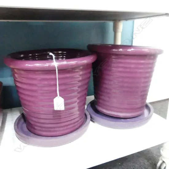 PR MORRIS & JAMES PURPLE GLAZED POT PLANTS w. TRAYS H.250mm 280mm dia