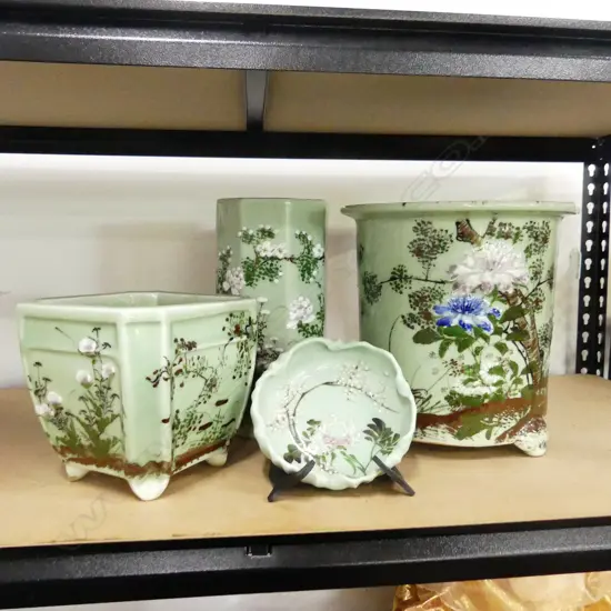 4 PCS CHINESE PORCELAIN w FLORAL MOTIFS ON A CELEDON BASE, LRG & SML FOOTED PLANTERS, A CYLINDER VASE & A SML DISH   