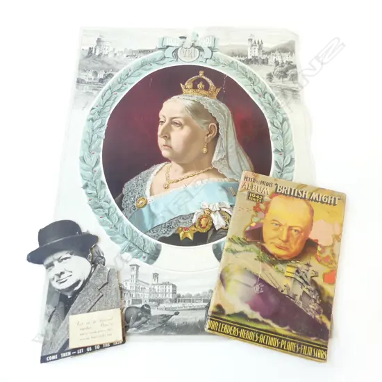 VINTAGE WINSTON CHURCHILL EMPHEMERA ETC: 1943 CALENDER + 'BRITISH MIGHT' ALBUM + QUEEN VICTORIA POSTER 1837-1901 