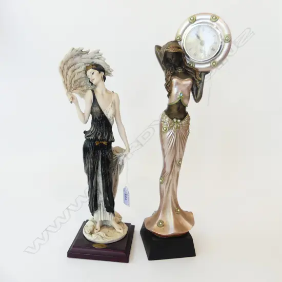 2 RESIN FEMALE FIGURES; LADY w. FEATHERS & CLOCK H.410mm