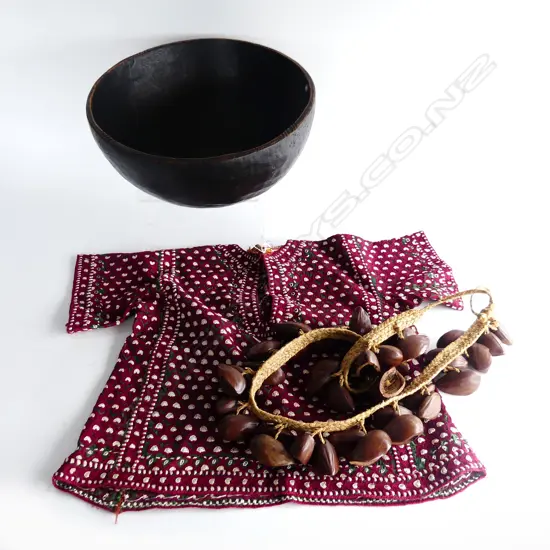 WOVEN BELT w BEETLE NUTS, LRG CARVED WOODEN BOWL & VINTAGE CHILD'S EMBROIDERED TOP FROM NIGERIA
