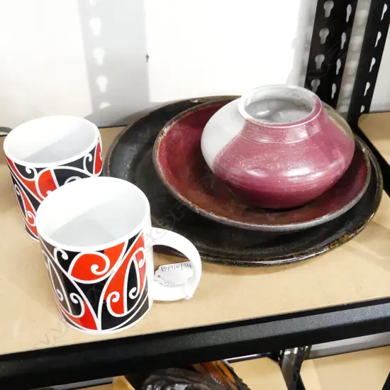 2 POTTERY PLATES 280mm dia, JAR, PR MAORI MUGS H.90mm
