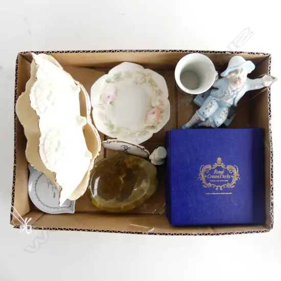 SMALL TRAY OF COLLECTABLE CHINA PCS & ONYX DISH 