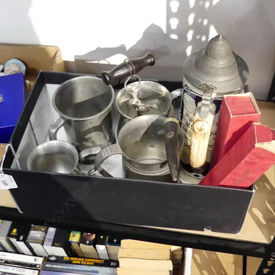 VINTAGE GERMAN BEER STEIN, 4 PEWTER TANKARDS, VINTAGE CORKSCEW & CHAMPAGNE OPENER & OTHER