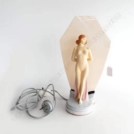 DECO LAMP w. PAINTED CERAMIC NUDE FIGURE & PINK GLASS PANEL H.315mm