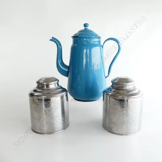LRG BLUE ENAMEL VINTAGE COFFEE POT & 2 CHROMED TEA CADDIES