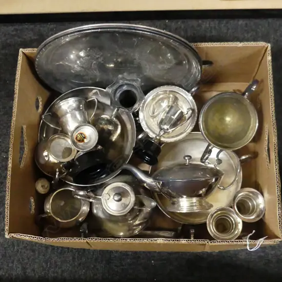 BOX OF SILVER PLATE TEA WARE + TROPHY CUPS + VASES ETC