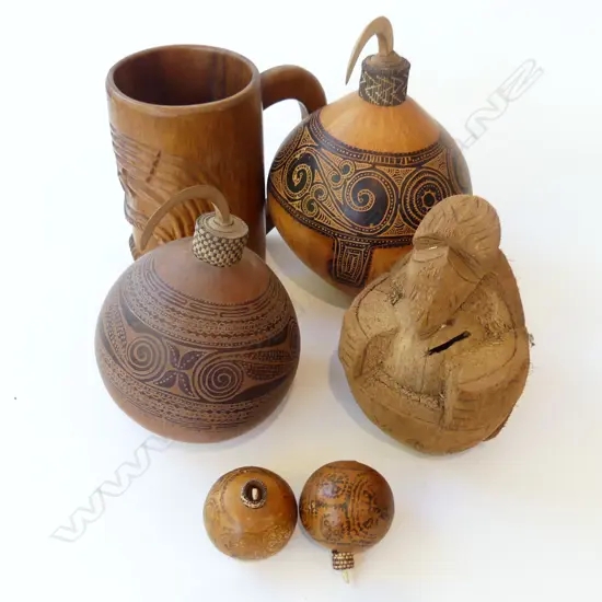 6 ASST. TRIBAL PCES; 4 GOURDS, TIKI CUP H.200mm, CARVED HUSK FIGURE